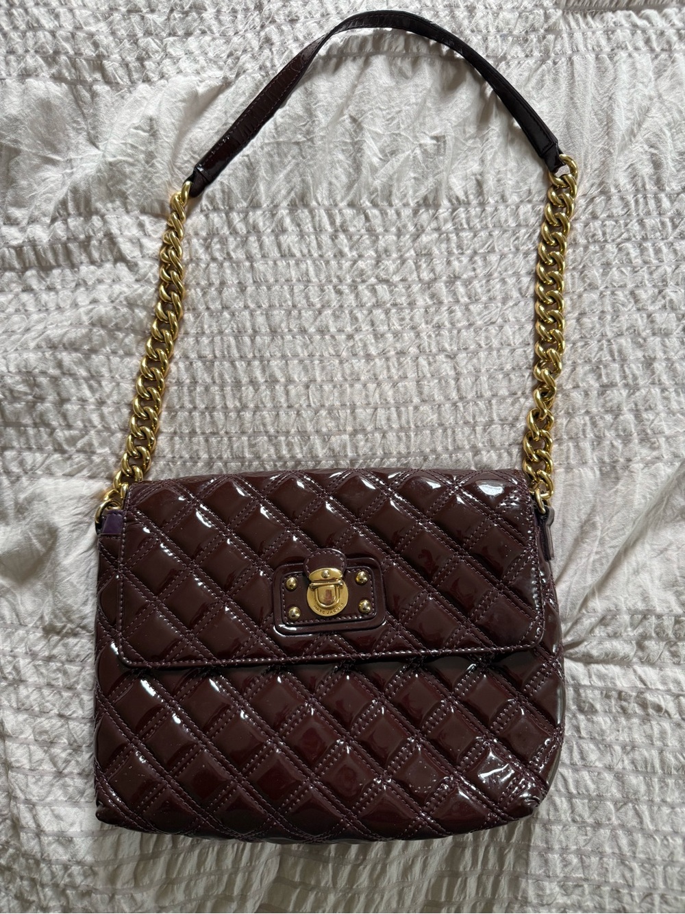 Marc Jacobs Quilted Patent Leather Shoulder Bag in Dark Brown with Gold Chain